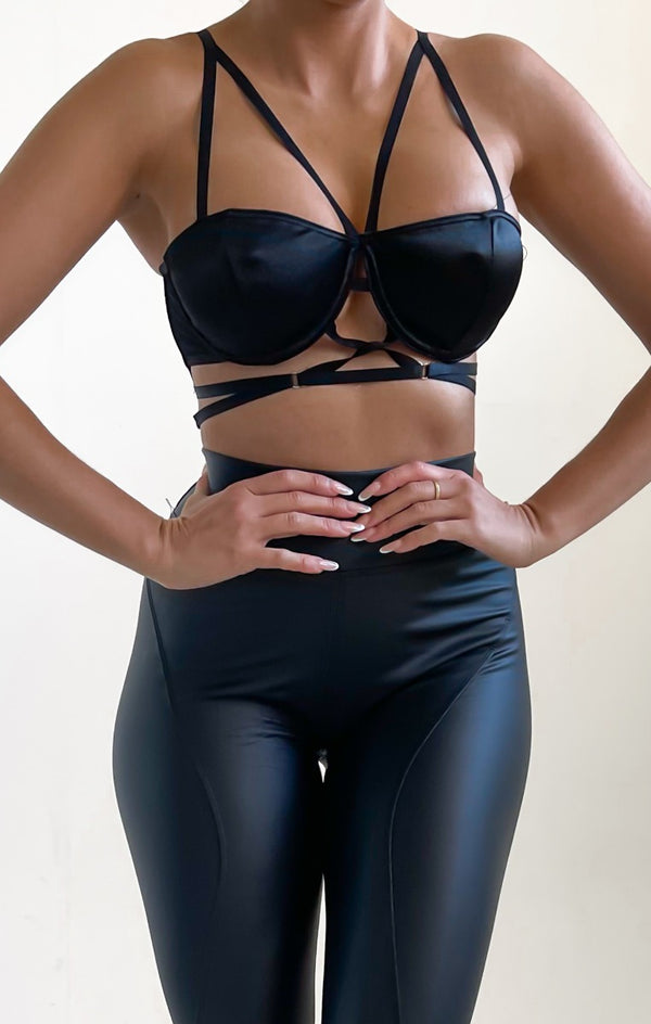 femme luxe Black Satin Cup Detail Strappy Cross Over Bralette Top - Mavise