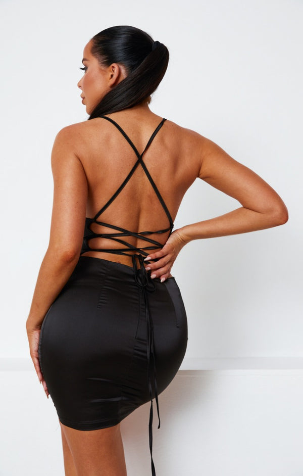 Femme Luxe Black Satin Lace Up Back Strappy Bodycon Mini Dress - Clary