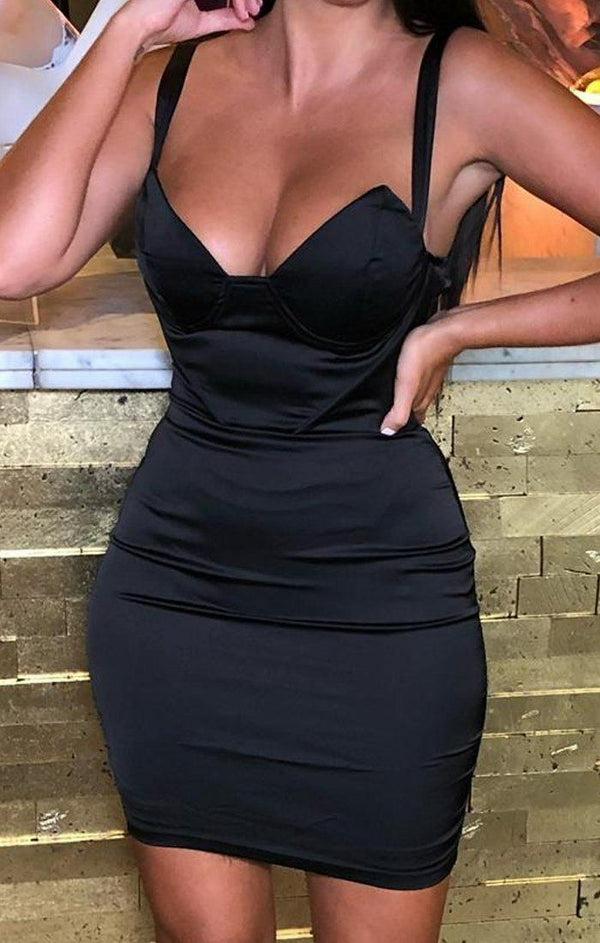 Femme Luxe Black Satin Shaped Cup Mini Dress - Amalia