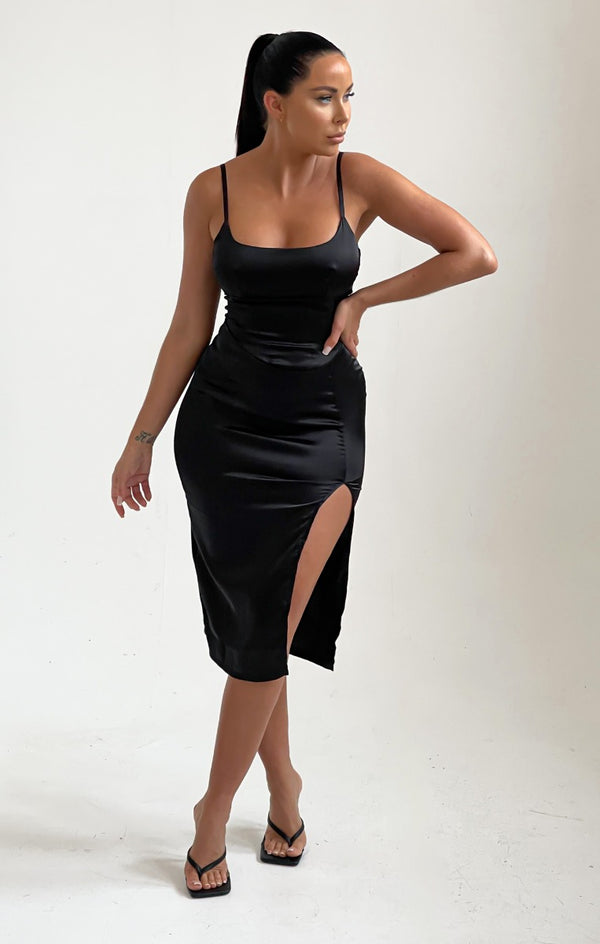 Femme Luxe Black Satin Side Split Midi Dress - Daphne