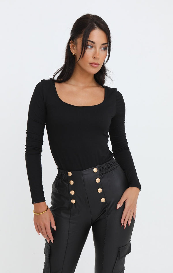 Femme Luxe Black Scoop Neck Long Sleeve Soft Touch Fitted Bodysuit - Emma