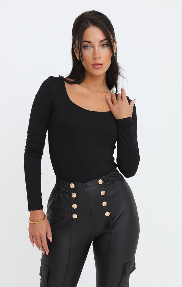 femme luxe Black Scoop Neck Long Sleeve Soft Touch Fitted Bodysuit - Emma