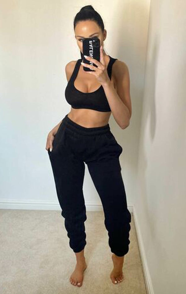 Femme Luxe Black Sheared Hem High Waisted Joggers - Kailani