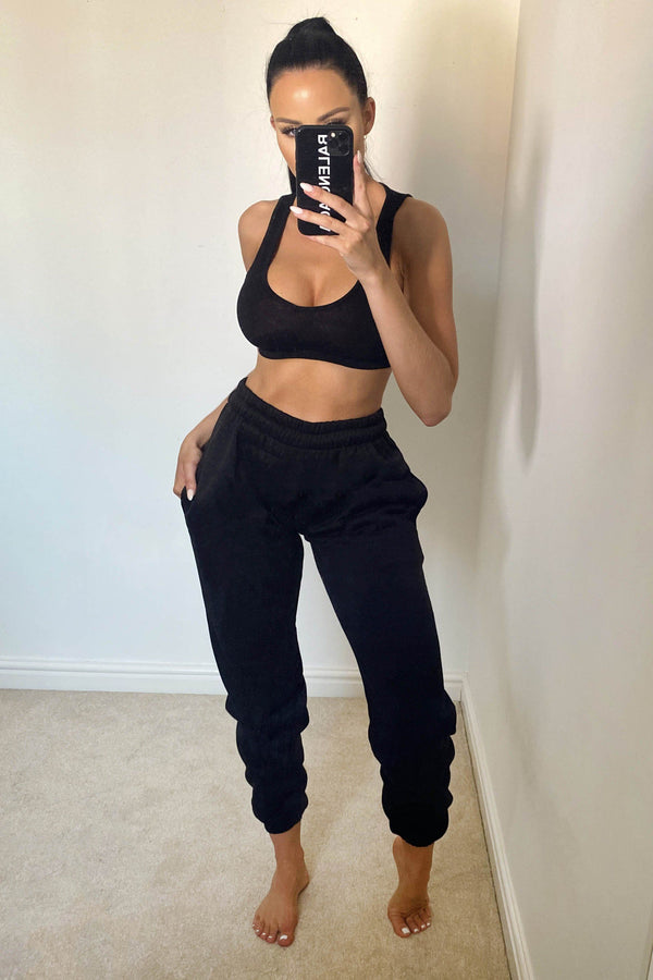 femme luxe Black Sheared Hem High Waisted Joggers - Kailani