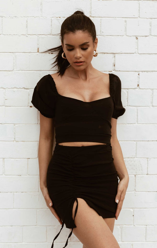 Femme Luxe Black Short Puff Sleeve Crop Top Bodycon Mini Skirt Co-ord - Gema