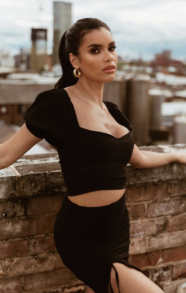 Femme Luxe Black Short Puff Sleeve Crop Top Bodycon Mini Skirt Co-ord - Gema