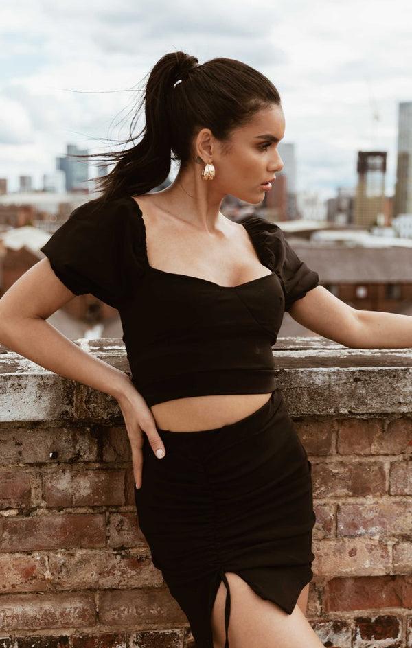 femme luxe Black Short Puff Sleeve Crop Top Bodycon Mini Skirt Co-ord - Gema