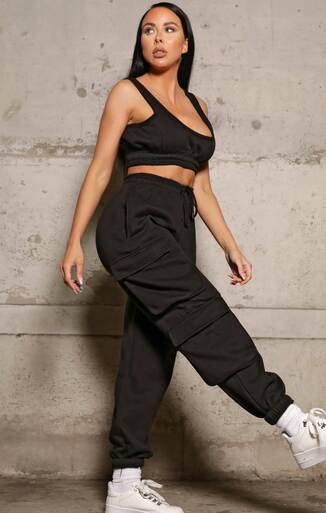 Femme Luxe Black Sleeveless Crop Top & Oversized Drawstring Waist Utility Pocket Joggers Co-ord - Hailey