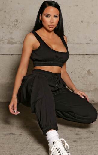 Femme Luxe Black Sleeveless Crop Top & Oversized Drawstring Waist Utility Pocket Joggers Co-ord - Hailey