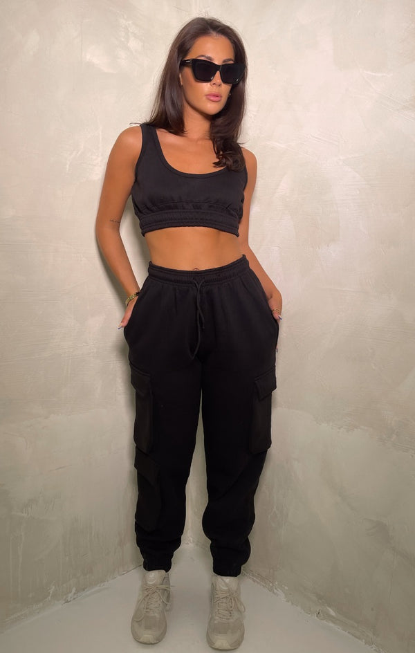 femme luxe Black Sleeveless Crop Top & Oversized Drawstring Waist Utility Pocket Joggers Co-ord - Hailey
