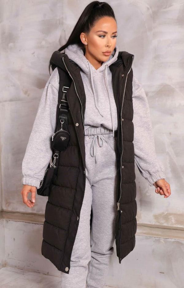 Femme Luxe Black Sleeveless Longline Midi Zip Up Hooded Puffer Coat - Terri