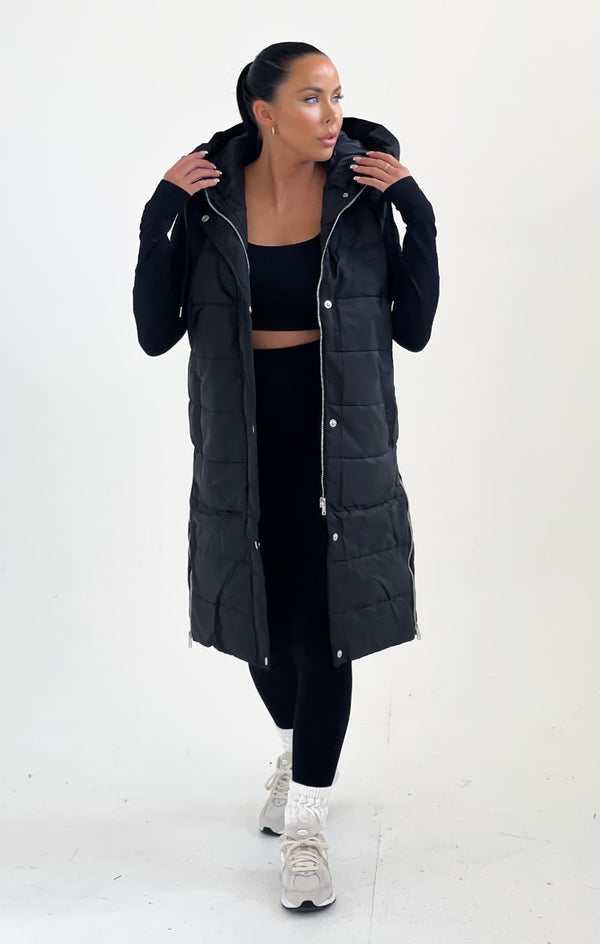 femme luxe Black Sleeveless Longline Midi Zip Up Hooded Puffer Coat - Terri