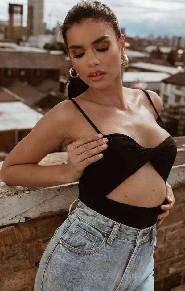 Femme Luxe Black Slinky Cut Out Strappy Crop Top - Inez