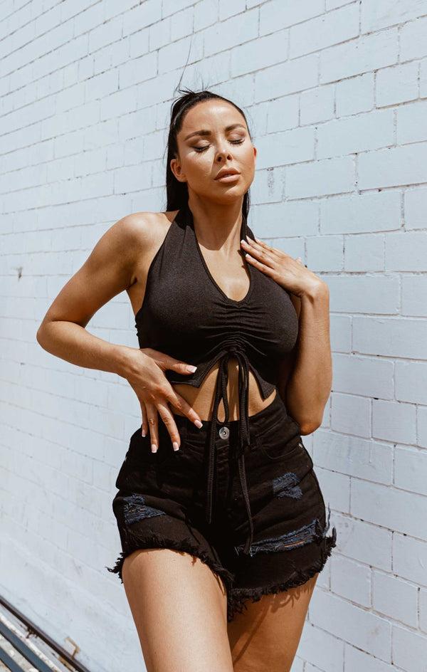 Femme Luxe Black Slinky Halter Neck Ruched Front Tie Detail Crop Top - Ingrid