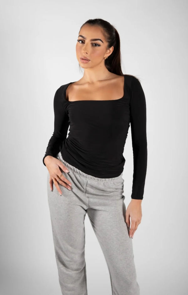 femme luxe Black Slinky Long Sleeve Square Neck Top - Thalina