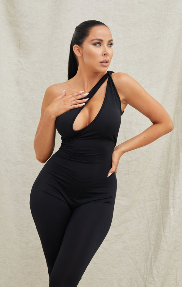 Femme Luxe Black Slinky One Shoulder Plunge Cut Out Sleeveless Bodycon Jumpsuit - Neva
