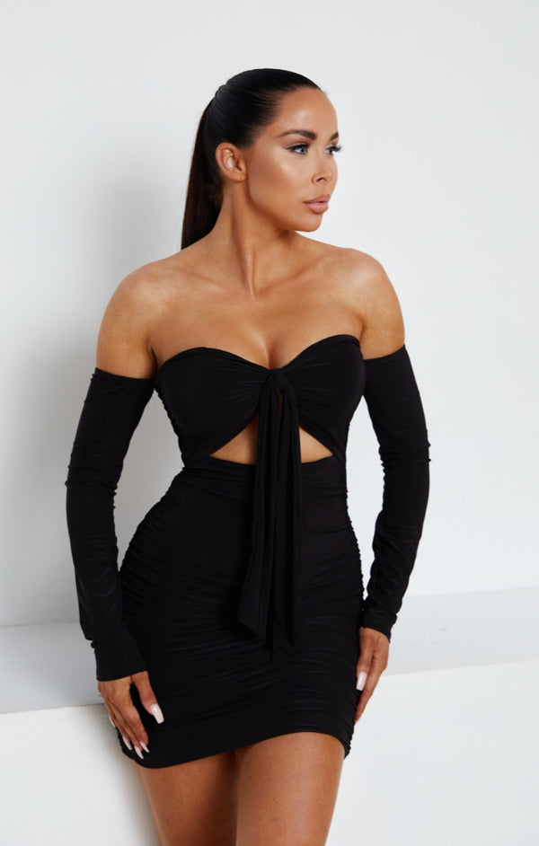 Femme Luxe Black Slinky Ruched Bardot Long Sleeve Cut Out Tie Front Bodycon Mini Dress - Zion