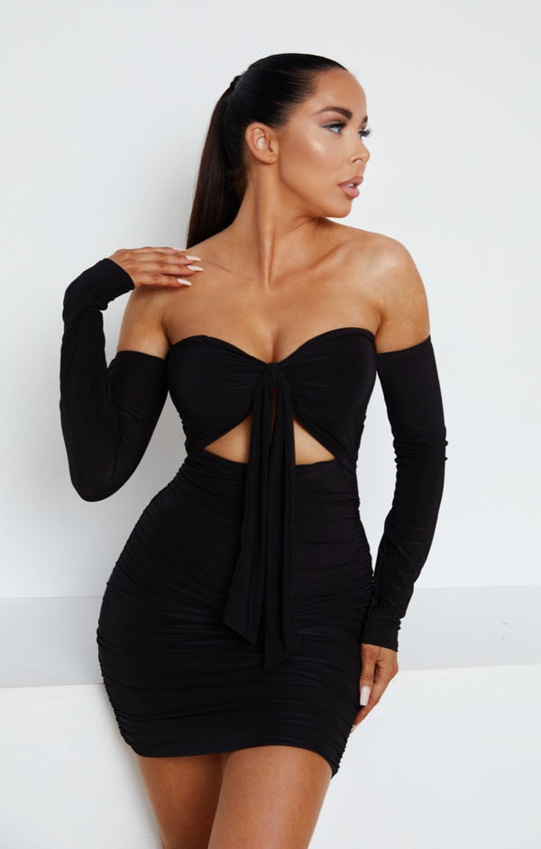 Femme Luxe Black Slinky Ruched Bardot Long Sleeve Cut Out Tie Front Bodycon Mini Dress - Zion