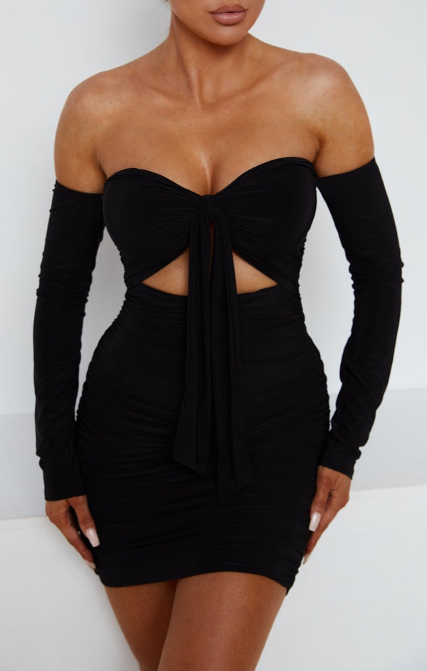 Femme Luxe Black Slinky Ruched Bardot Long Sleeve Cut Out Tie Front Bodycon Mini Dress - Zion