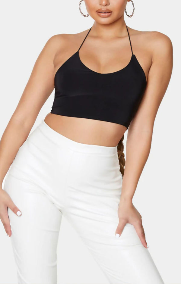 femme luxe Black Slinky Spaghetti Strap Halterneck Crop Top - Carisella