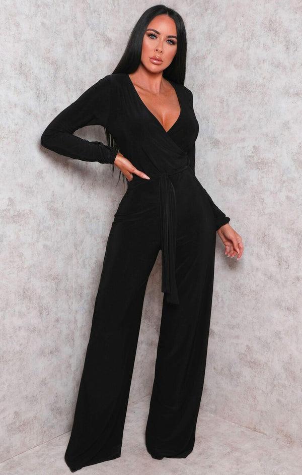 Femme Luxe Black Slinky Wide Leg Plunge Jumpsuit - Gemma