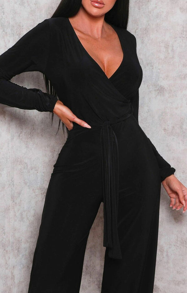Femme Luxe Black Slinky Wide Leg Plunge Jumpsuit - Gemma