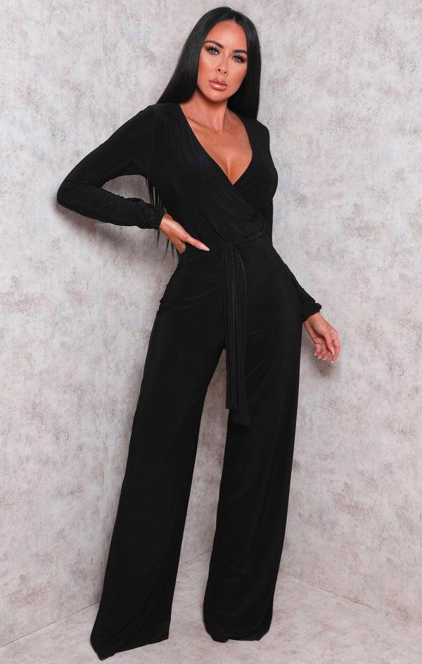 femme luxe Black Slinky Wide Leg Plunge Jumpsuit - Gemma