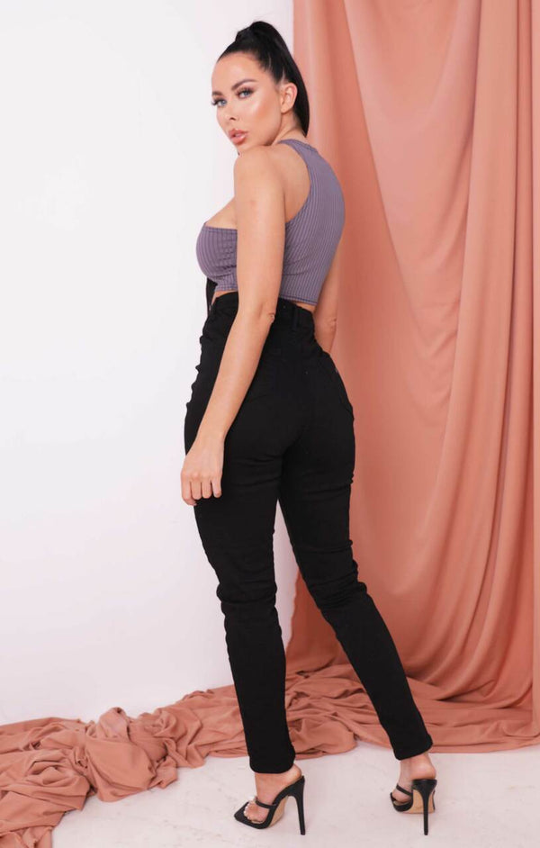 Femme Luxe Black Split Front Button Detail High Waisted Skinny Jeans - Gabby