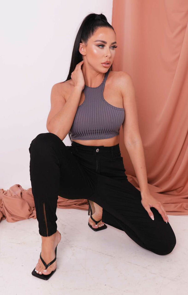 Femme Luxe Black Split Front Button Detail High Waisted Skinny Jeans - Gabby