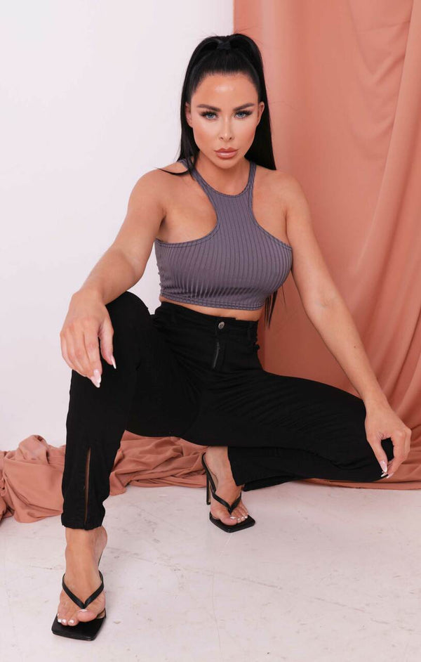 Femme Luxe Black Split Front Button Detail High Waisted Skinny Jeans - Gabby