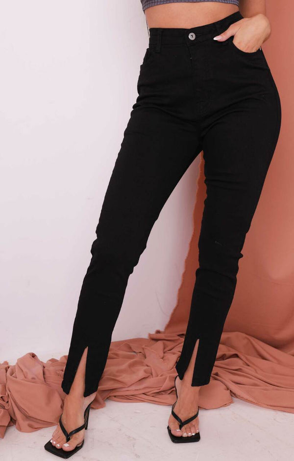 femme luxe Black Split Front Button Detail High Waisted Skinny Jeans - Gabby