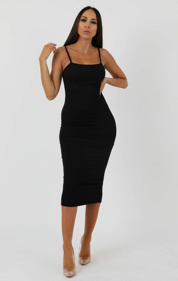 Femme Luxe Black Square Neck Strappy Midi Dress - Carly