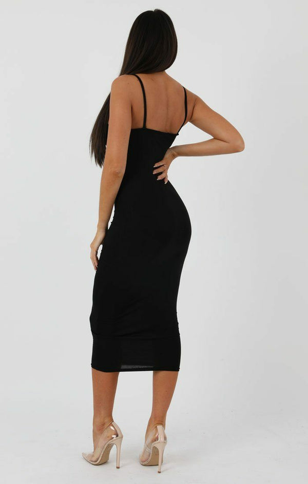 Femme Luxe Black Square Neck Strappy Midi Dress - Carly