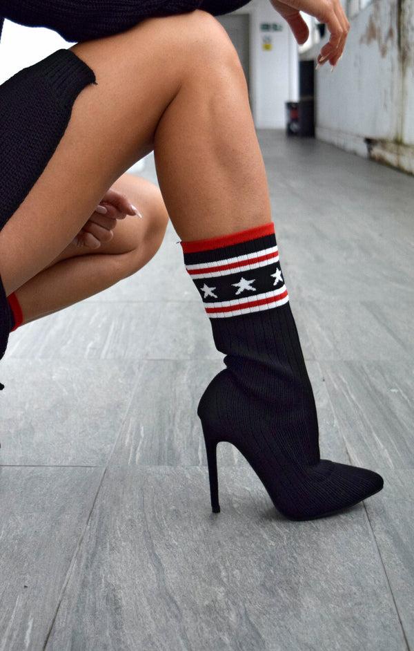 Femme Luxe Black Star & Stripe Ribbed Pointed Toe Stiletto Ankle Sock Boots - Janae