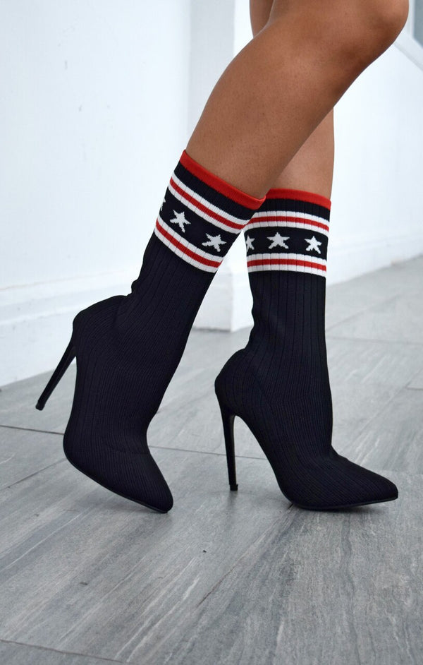 femme luxe Black Star & Stripe Ribbed Pointed Toe Stiletto Ankle Sock Boots - Janae