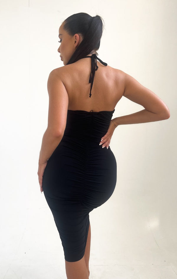 Femme Luxe Black Strapless Cut Out Bodycon Midi Dress - Rhea
