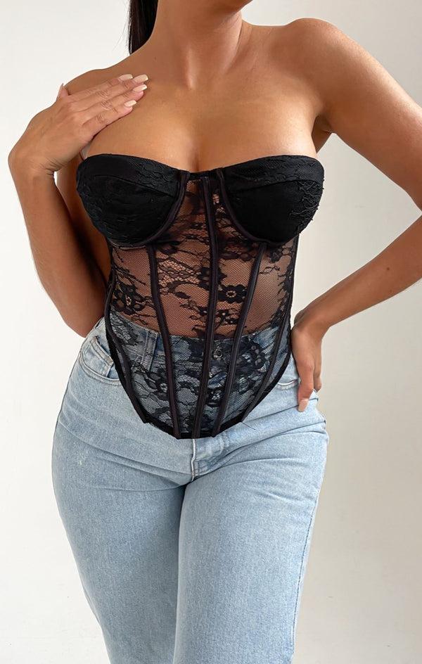 Femme Luxe Black Strapless Lace Corset Style Top - Rey