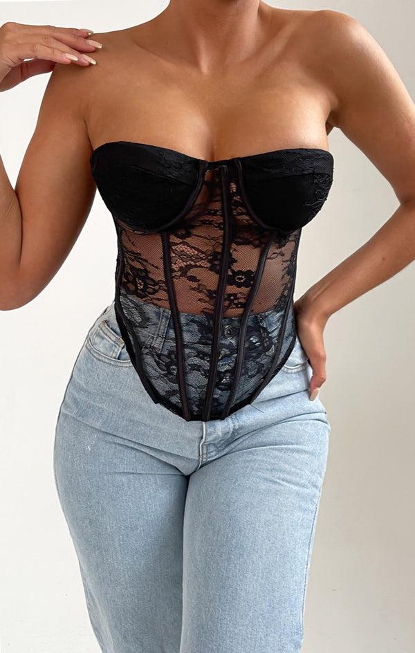 femme luxe Black Strapless Lace Corset Style Top - Rey