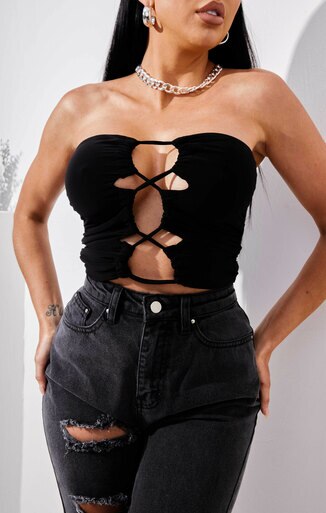 Femme Luxe Black Strapless Lace Up Cut Out Crop Top - Helen
