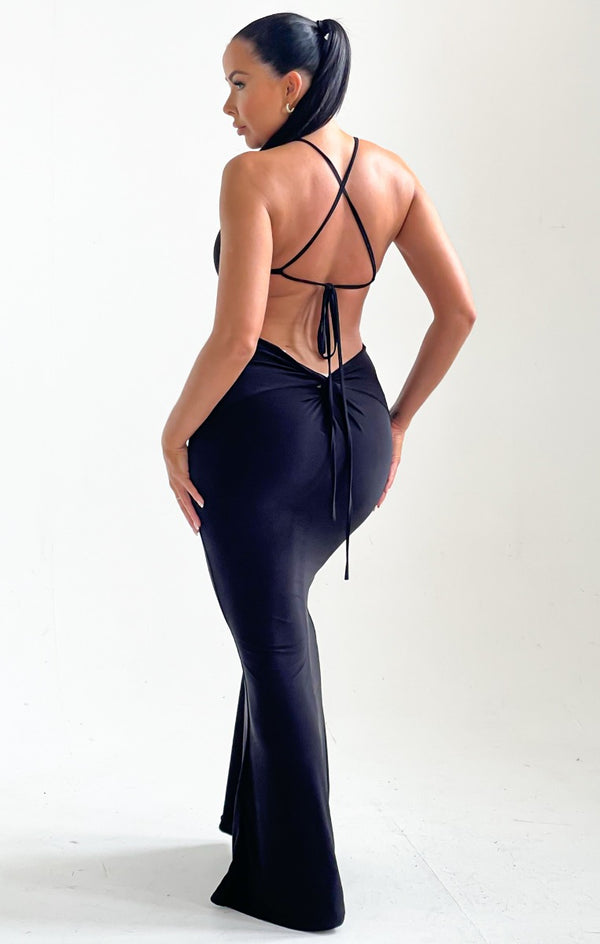 Femme Luxe Black Strappy Cross Over Back Halterneck Maxi Dress - Amber