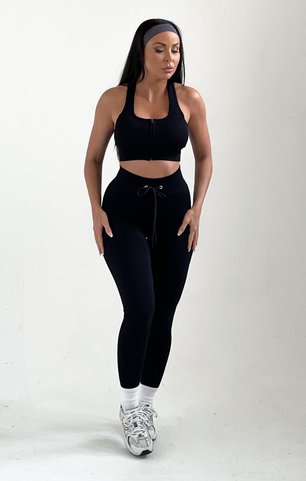 Femme Luxe Black Strappy High Waisted Zip Up Activewear Set - Alessia