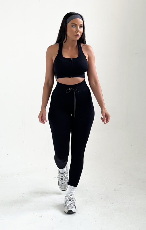 femme luxe Black Strappy High Waisted Zip Up Activewear Set - Alessia