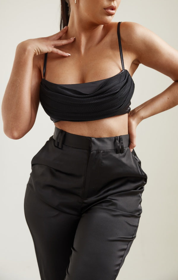 Femme Luxe Black Strappy Mesh Overlay Crop Top - Serine