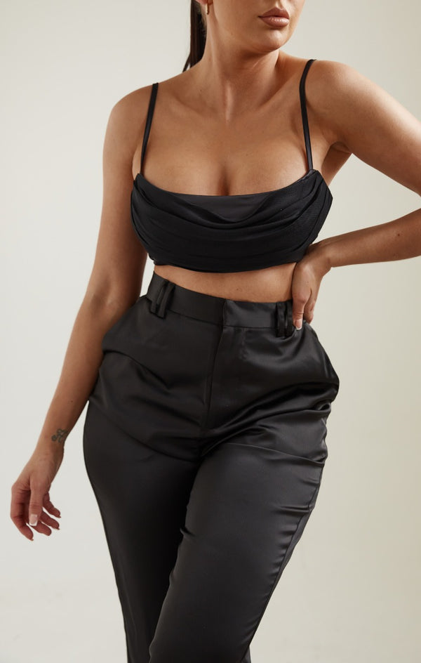 femme luxe Black Strappy Mesh Overlay Crop Top - Serine