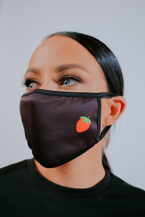 femme luxe Black Strawberry Print Washable Face Mask