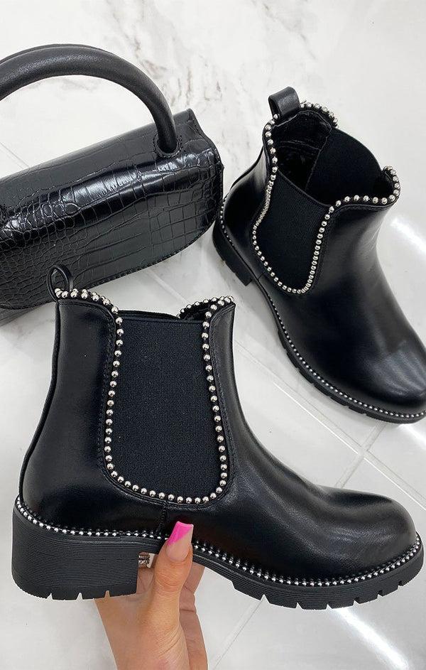 femme luxe Black Studded Ankle Chelsea Boots - Finlay