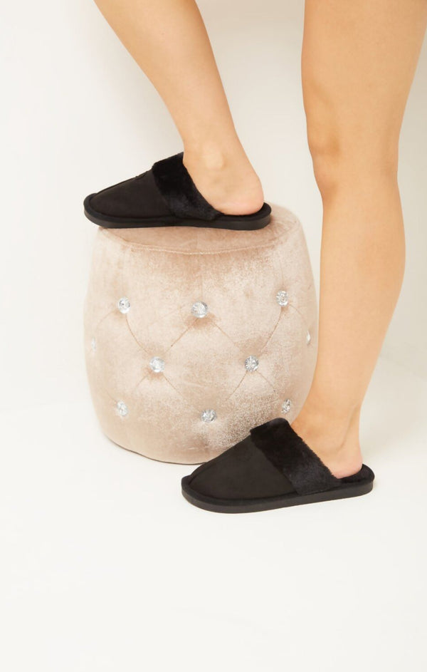 Femme Luxe Black Suede Teddy Faux Fur Lined Slippers - Renavia