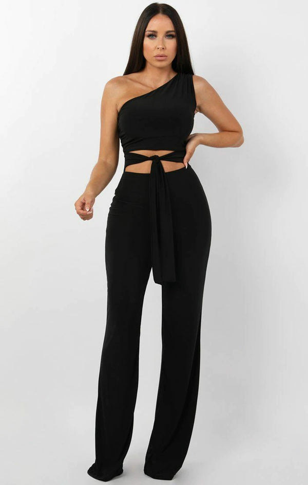 Femme Luxe Black Tie Front Slinky One Shoulder Wide Leg Jumpsuit - Heather