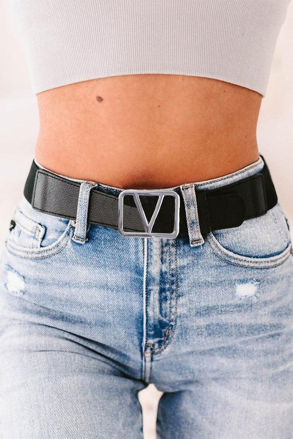 Femme Luxe Black V Logo Silver Buckle Elastic Wide Belt - Zara