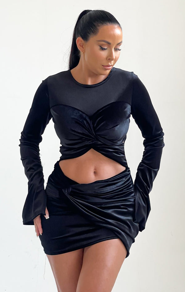Femme Luxe Black Velvet Twisted Cut Out Flared Sleeve Mini Dress - Jocelyn